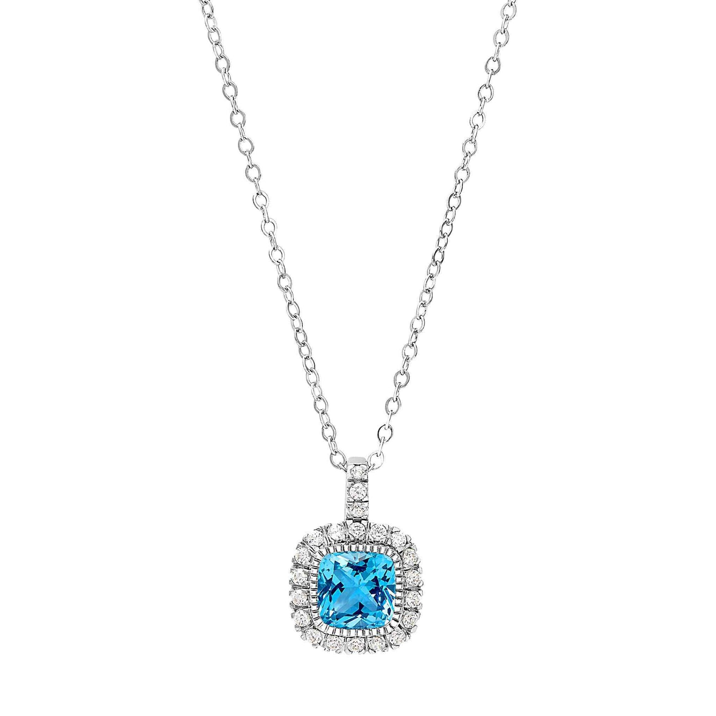 A cushion birthstone necklace with simulated diamonds displayed on a neutral white background.