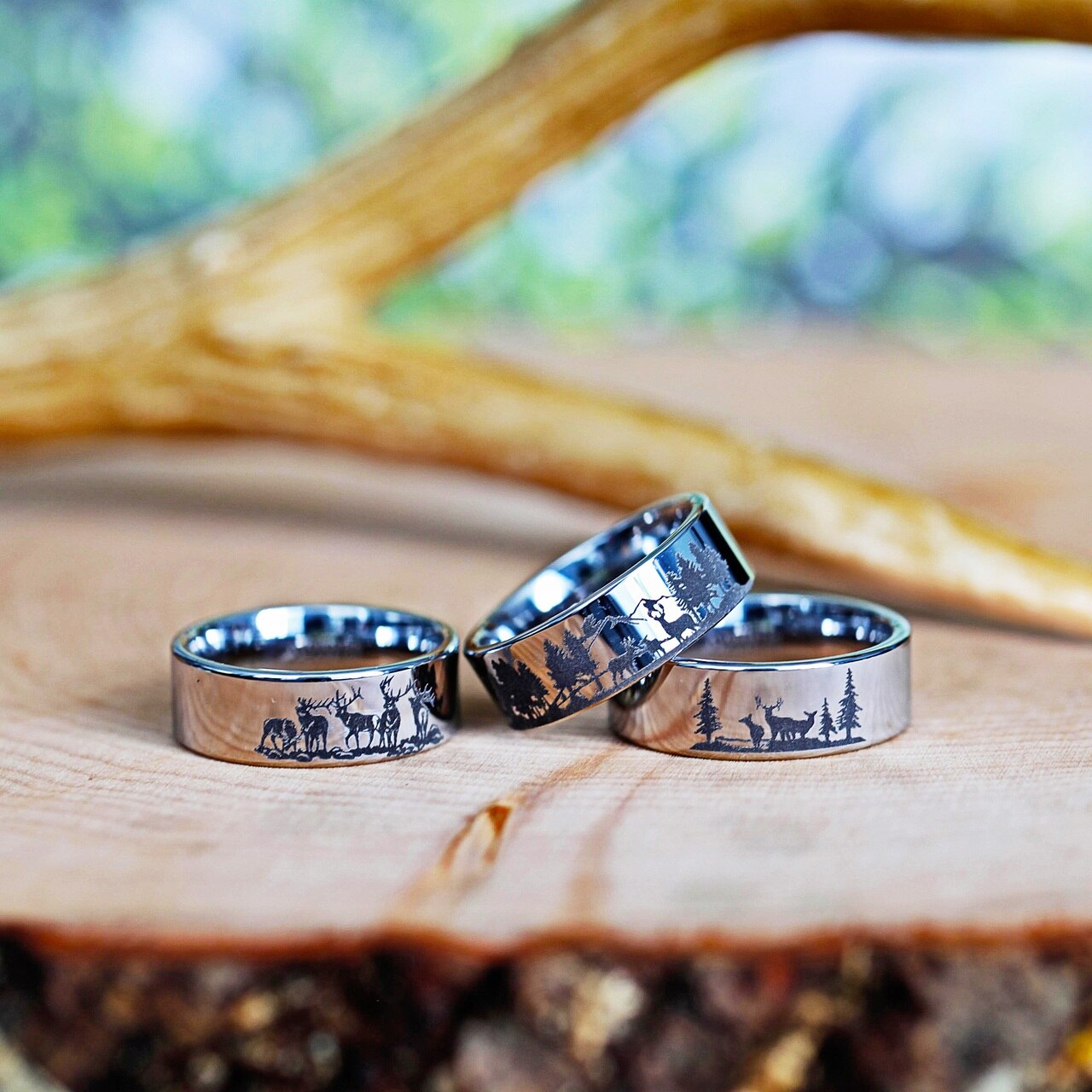 Deer & Mountain Range Engraved Tungsten Couple's Matching Wedding Band Set