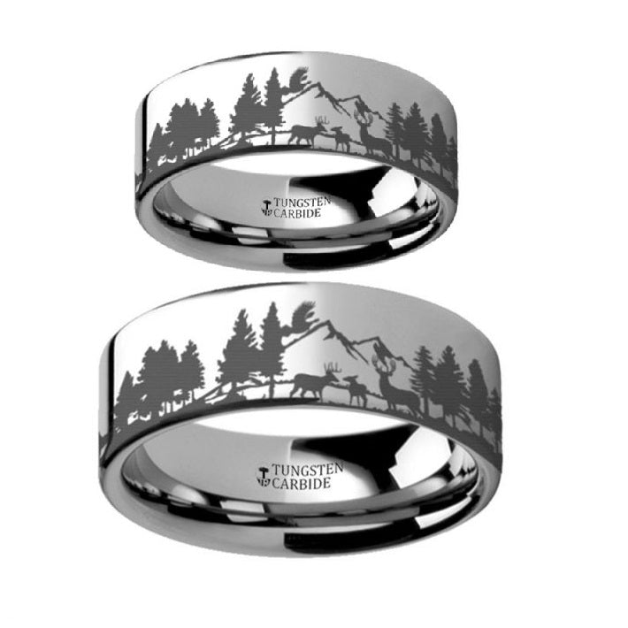 Deer & Mountain Range Engraved Tungsten Couple's Matching Wedding Band Set
