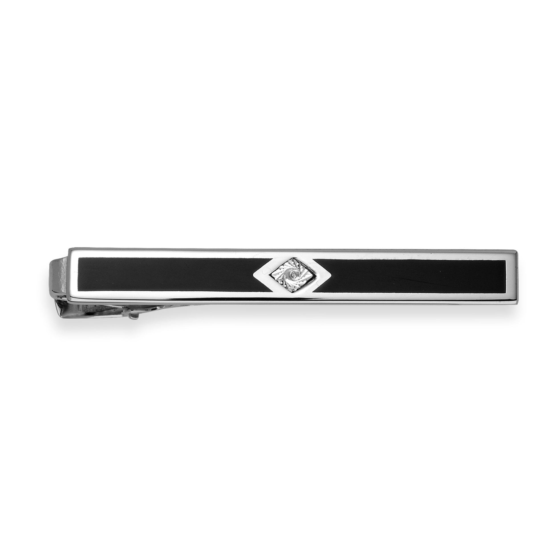 A diamond chip black epoxy tie bar displayed on a neutral white background.