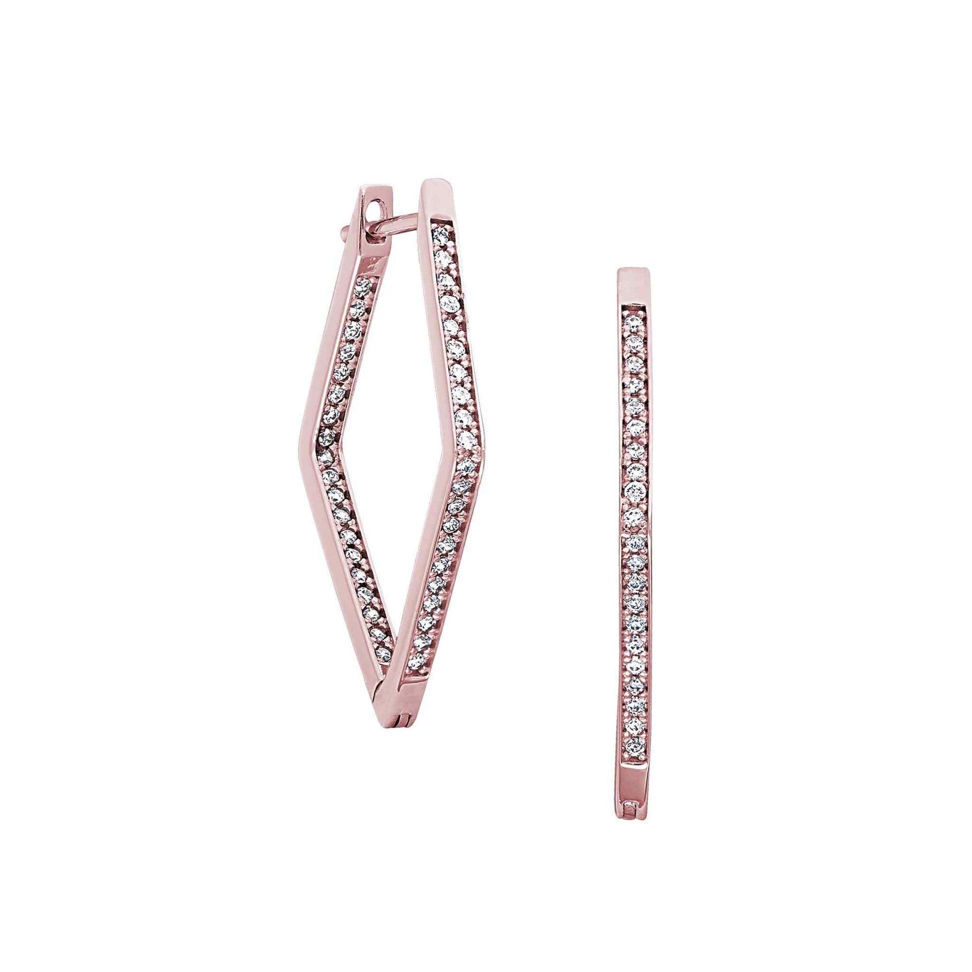 A diamond shaped hoop earrings with simulated diamonds displayed on a neutral white background.