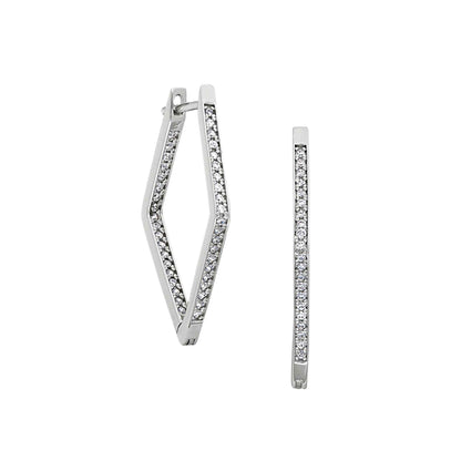 A diamond shaped hoop earrings with simulated diamonds displayed on a neutral white background.