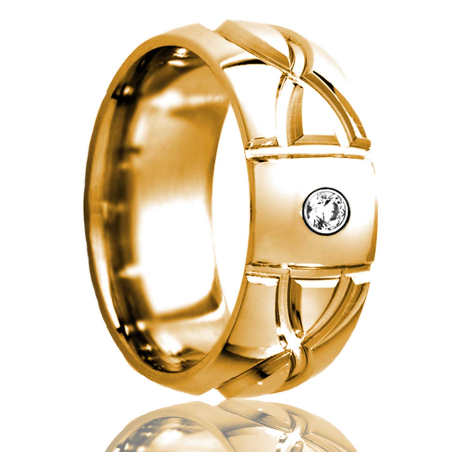 A infinity waves domed 14k gold wedding band with diamond displayed on a neutral white background.