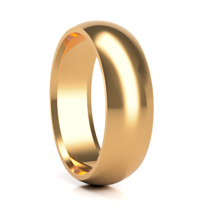 A domed 18k gold wedding band displayed on a neutral white background.