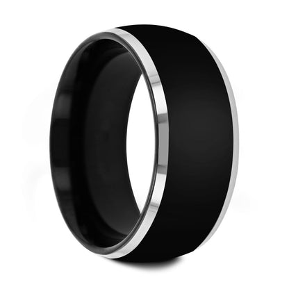 Domed Black Tungsten Men's Wedding Band with Contrasting Silver Edges