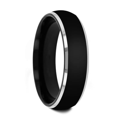 Domed Black Tungsten Women's Wedding Band with Contrasting Silver Edges