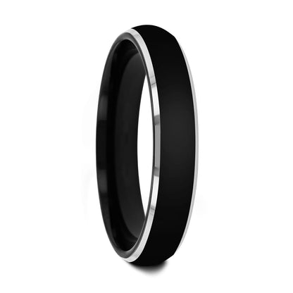 Domed Black Tungsten Women's Wedding Band with Contrasting Silver Edges