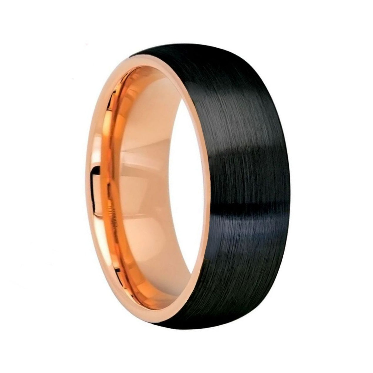 Domed Brushed Black Tungsten Men's Wedding Band with Contrasting Rose Gold Interior