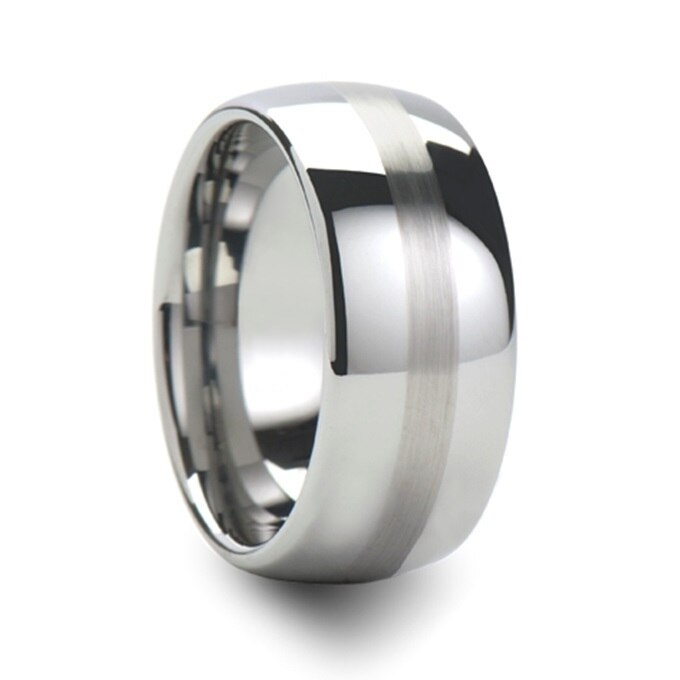 Domed Brushed Stripe Tungsten Couple's Matching Wedding Band Set