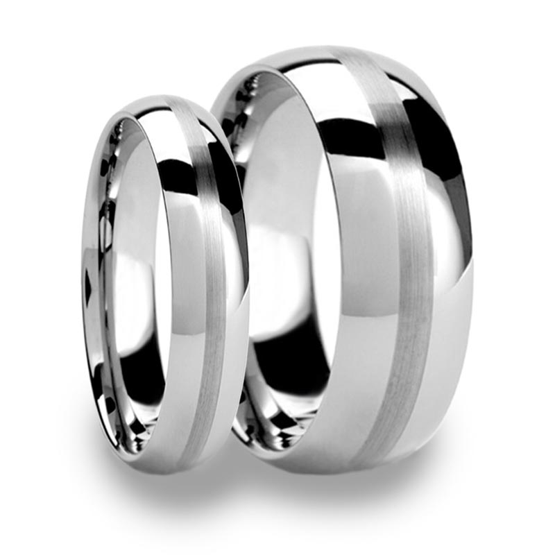 Domed Brushed Stripe Tungsten Couple's Matching Wedding Band Set