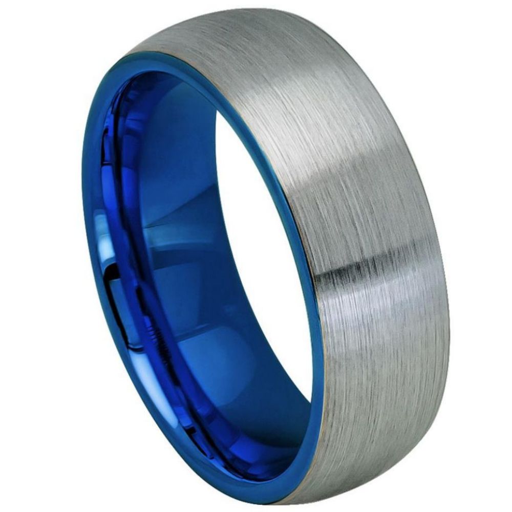 Domed Brushed Tungsten Couple's Matching Wedding Band Set with Contrasting Blue Interior
