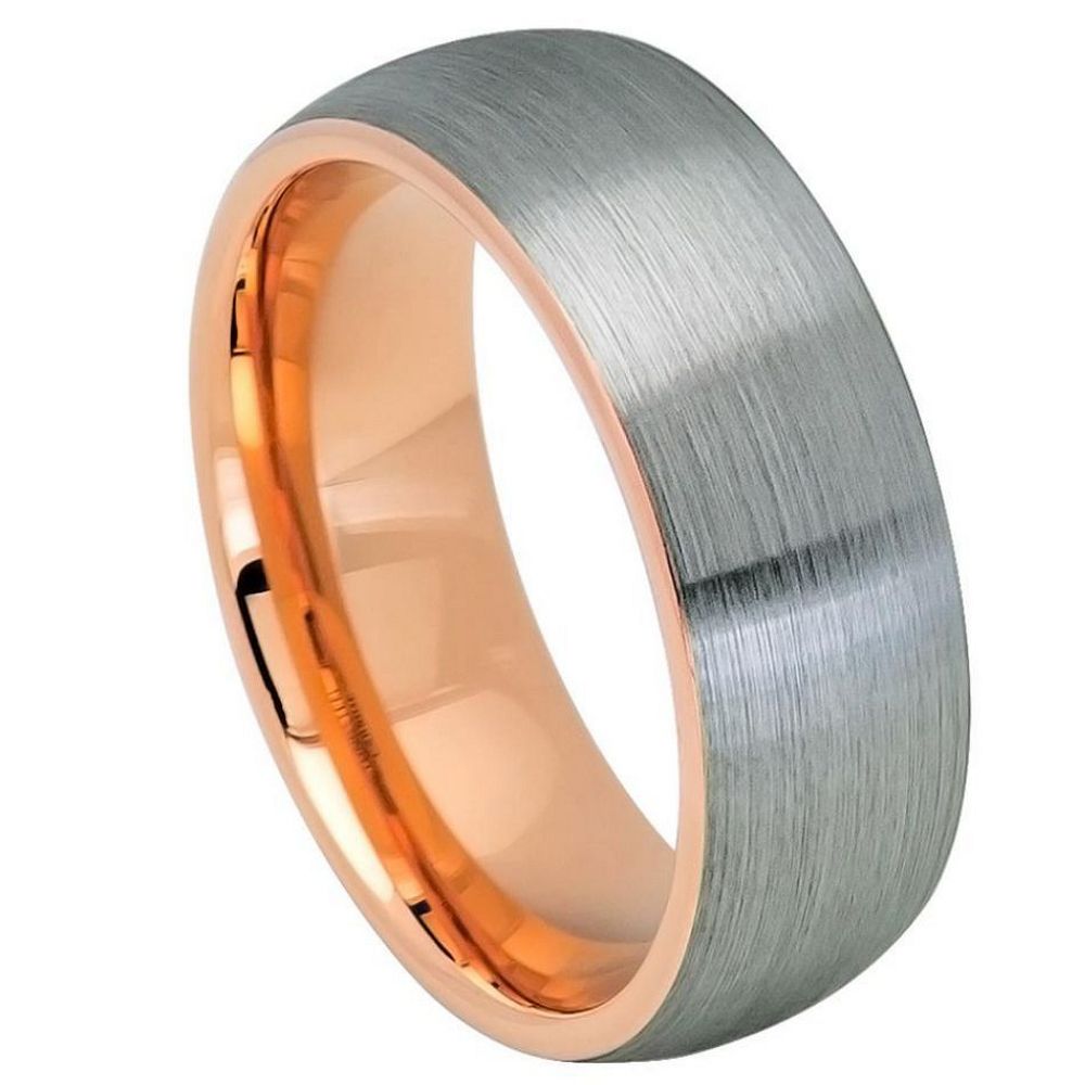 Domed Brushed Tungsten Couple's Matching Wedding Band Set with Contrasting Rose Gold Interior