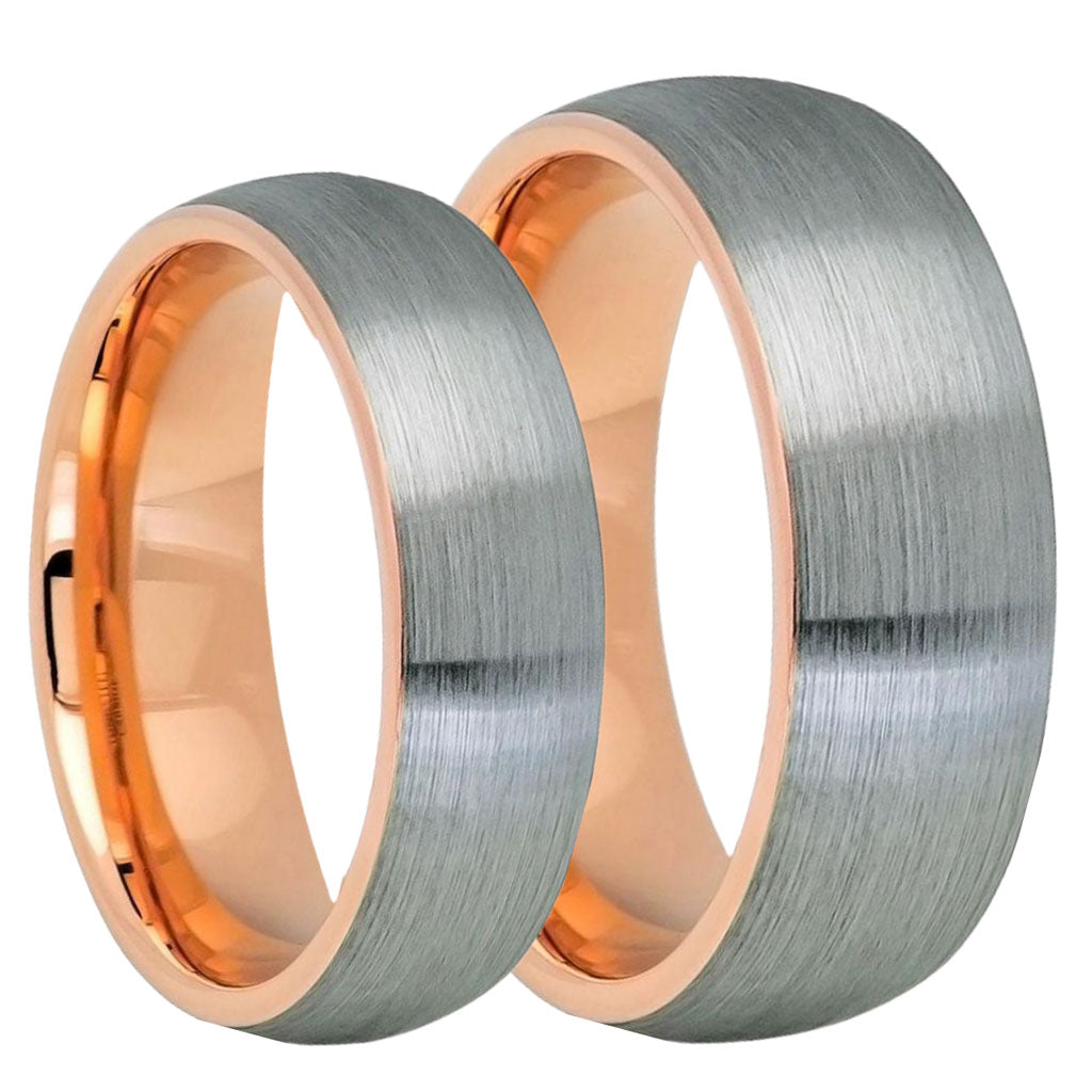 Domed Brushed Tungsten Couple's Matching Wedding Band Set with Contrasting Rose Gold Interior