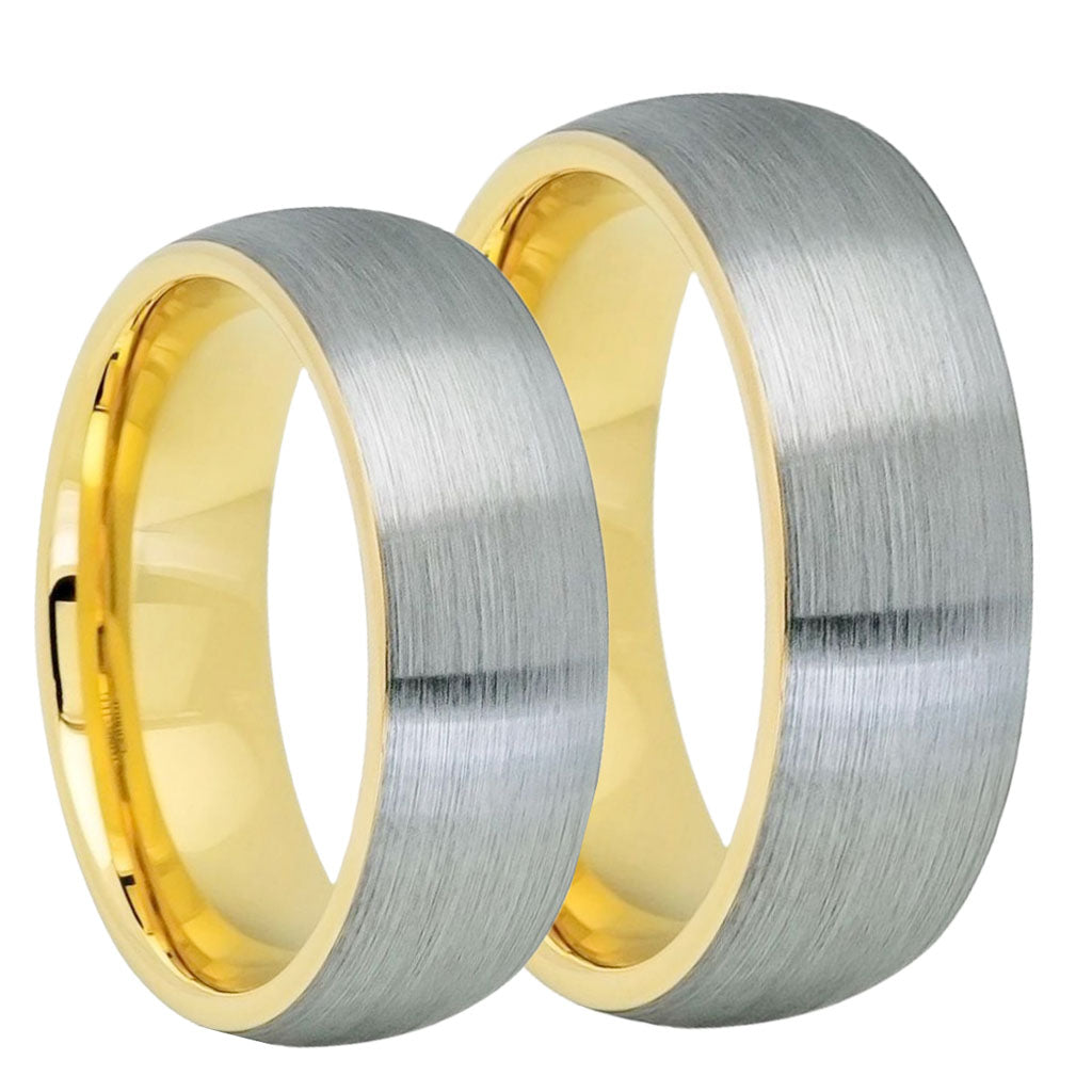Domed Brushed Tungsten Couple's Matching Wedding Band Set with Contrasting Yellow Gold Interior