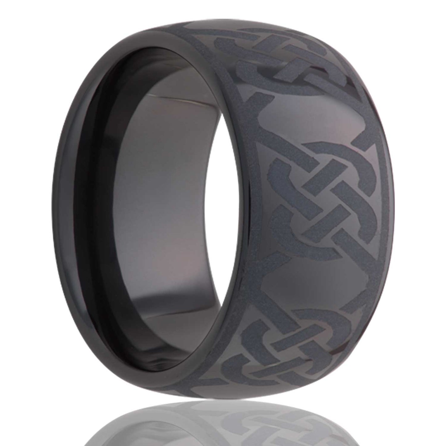 A eternity celtic knot domed black ceramic wedding band displayed on a neutral white background.
