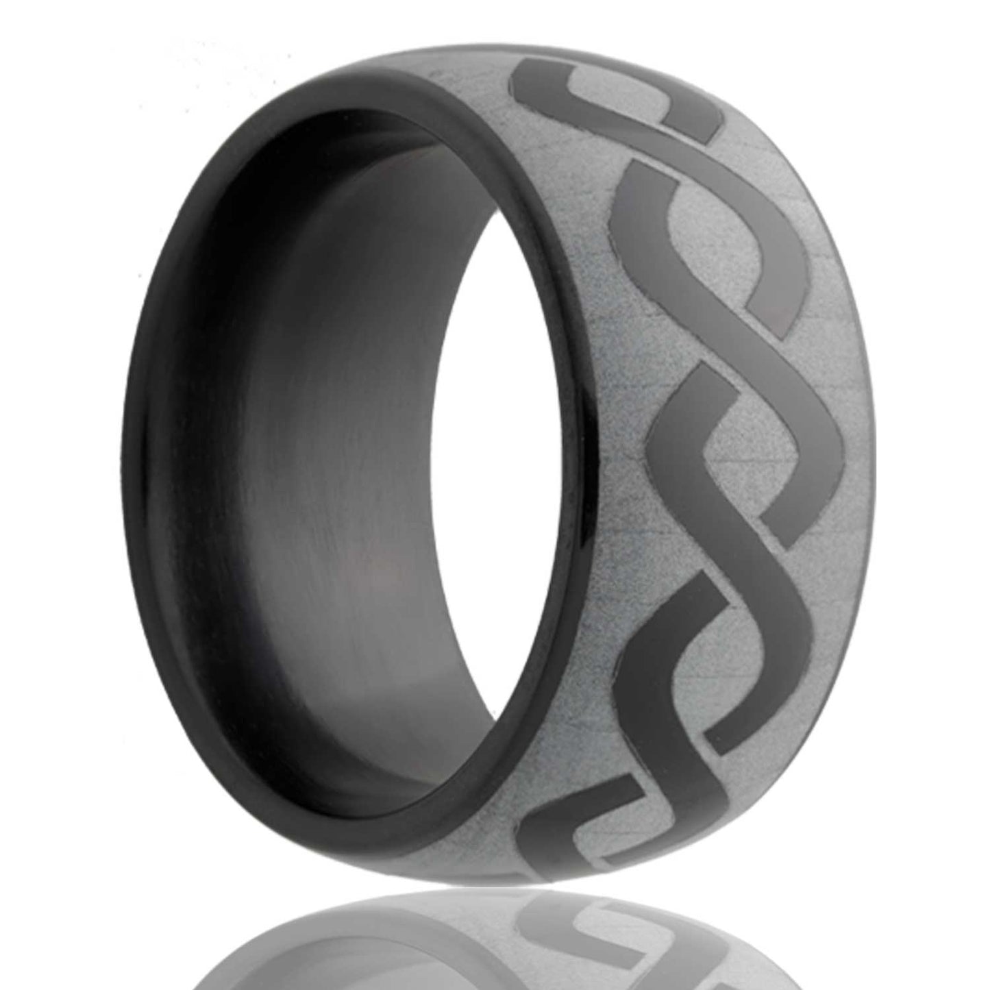 A infinity waves infinity waves domed black ceramic wedding band displayed on a neutral white background.