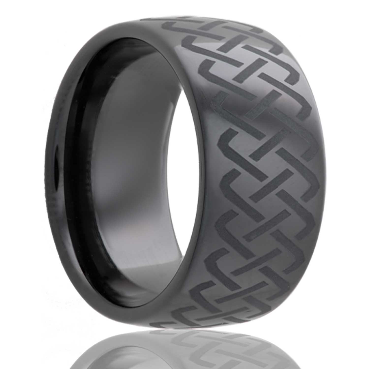 A celtic sailor's knot domed black ceramic wedding band displayed on a neutral white background.
