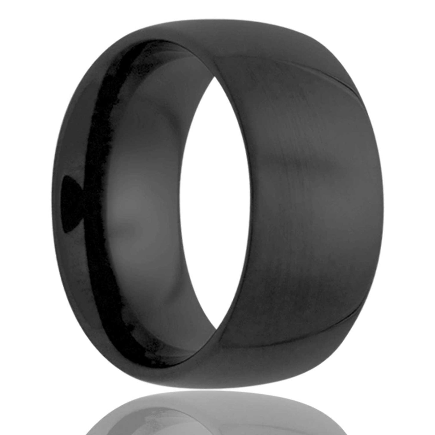 A domed black ceramic wedding band displayed on a neutral white background.