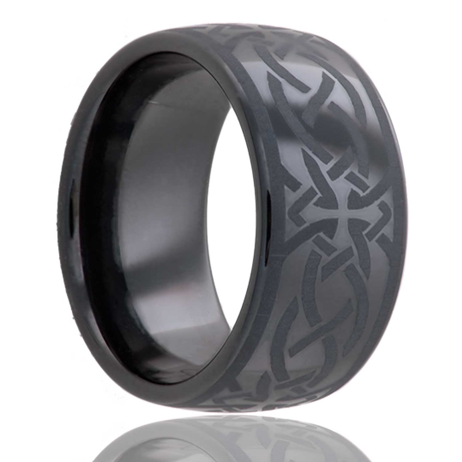 A celtic sailor's knot domed black black ceramic wedding band displayed on a neutral white background.