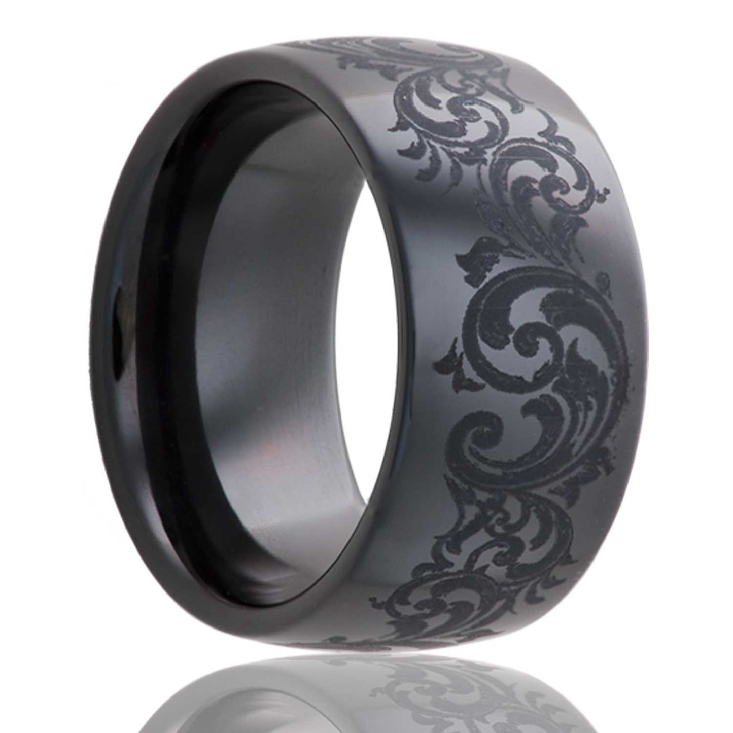 A swirl pattern domed black ceramic wedding band displayed on a neutral white background.