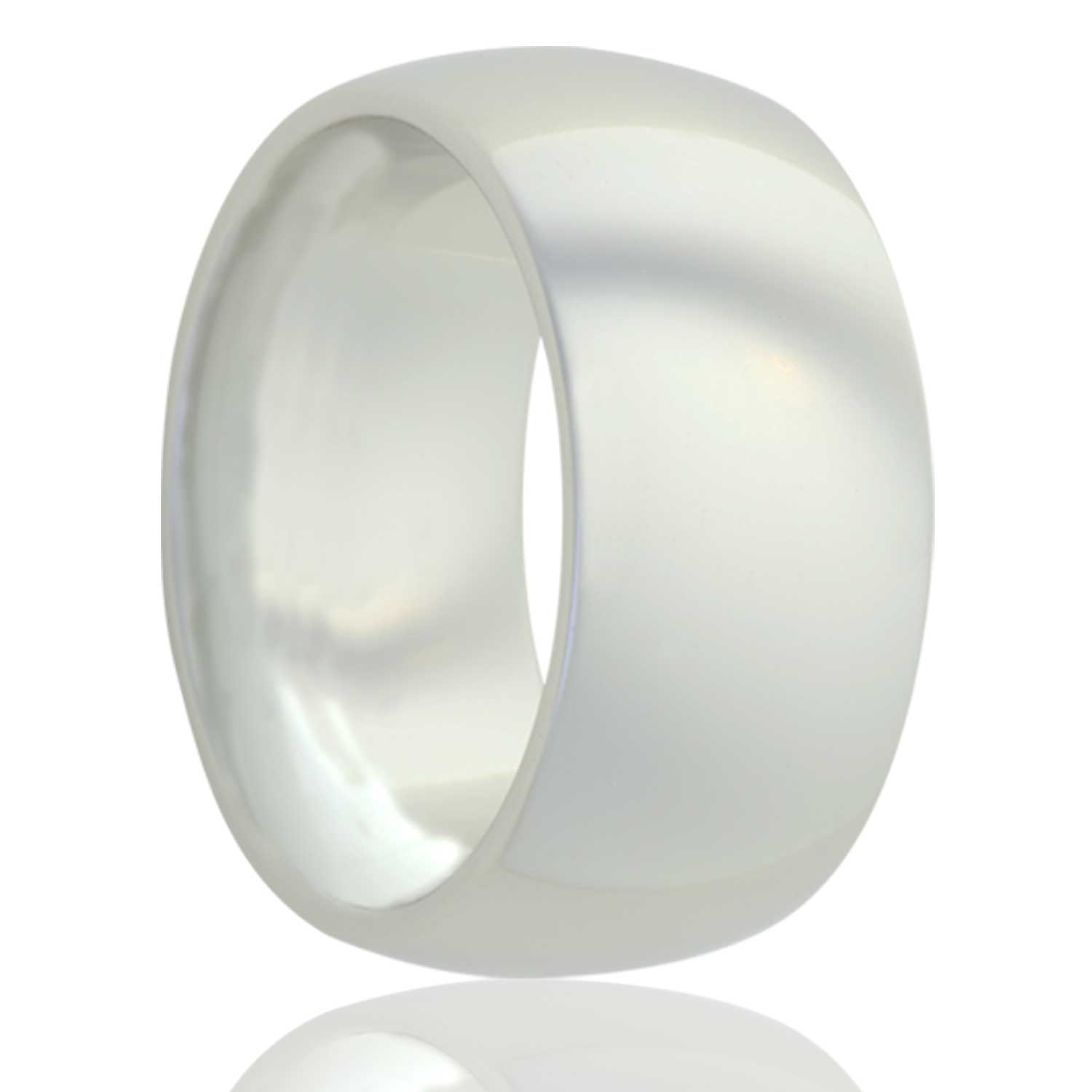 A domed white ceramic wedding band displayed on a neutral white background.