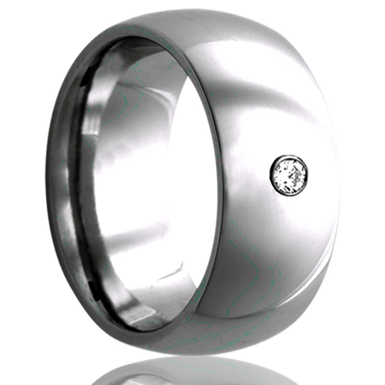 A domed cobalt wedding band with diamond displayed on a neutral white background.