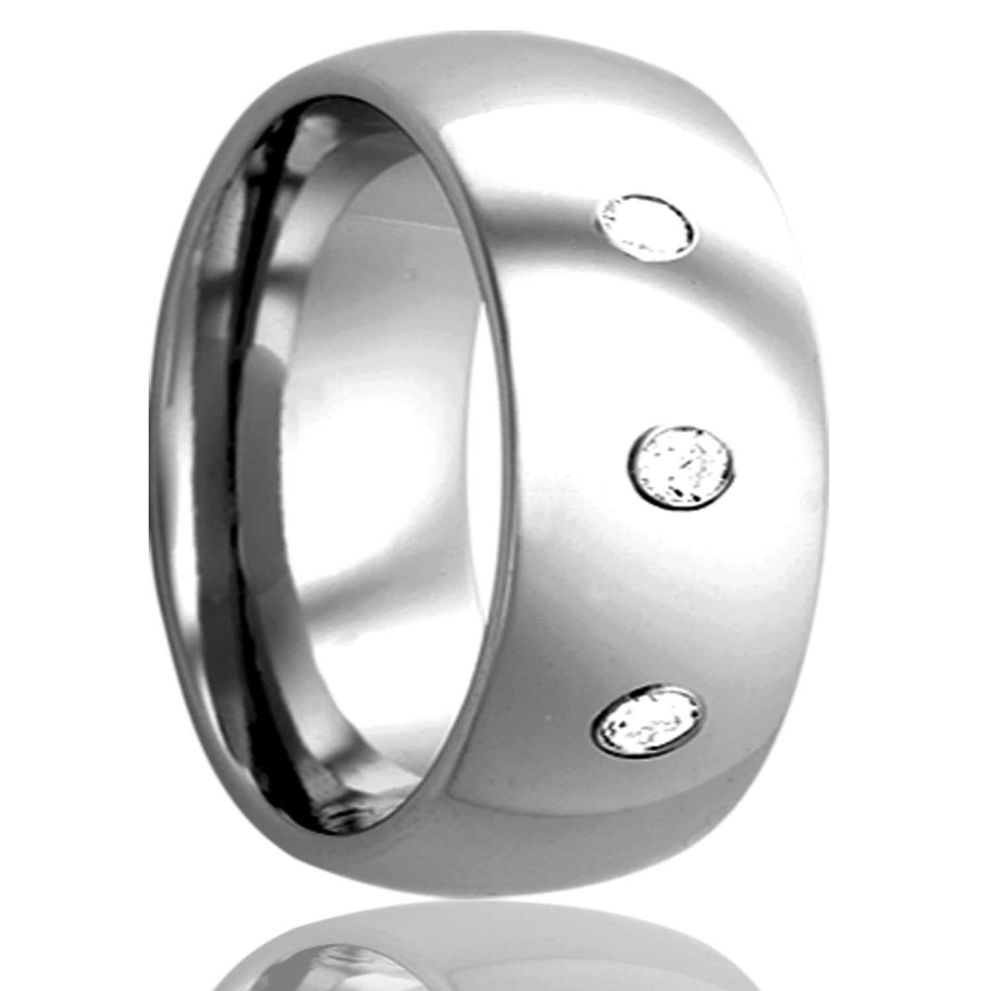 A domed cobalt wedding band with triple diamonds displayed on a neutral white background.