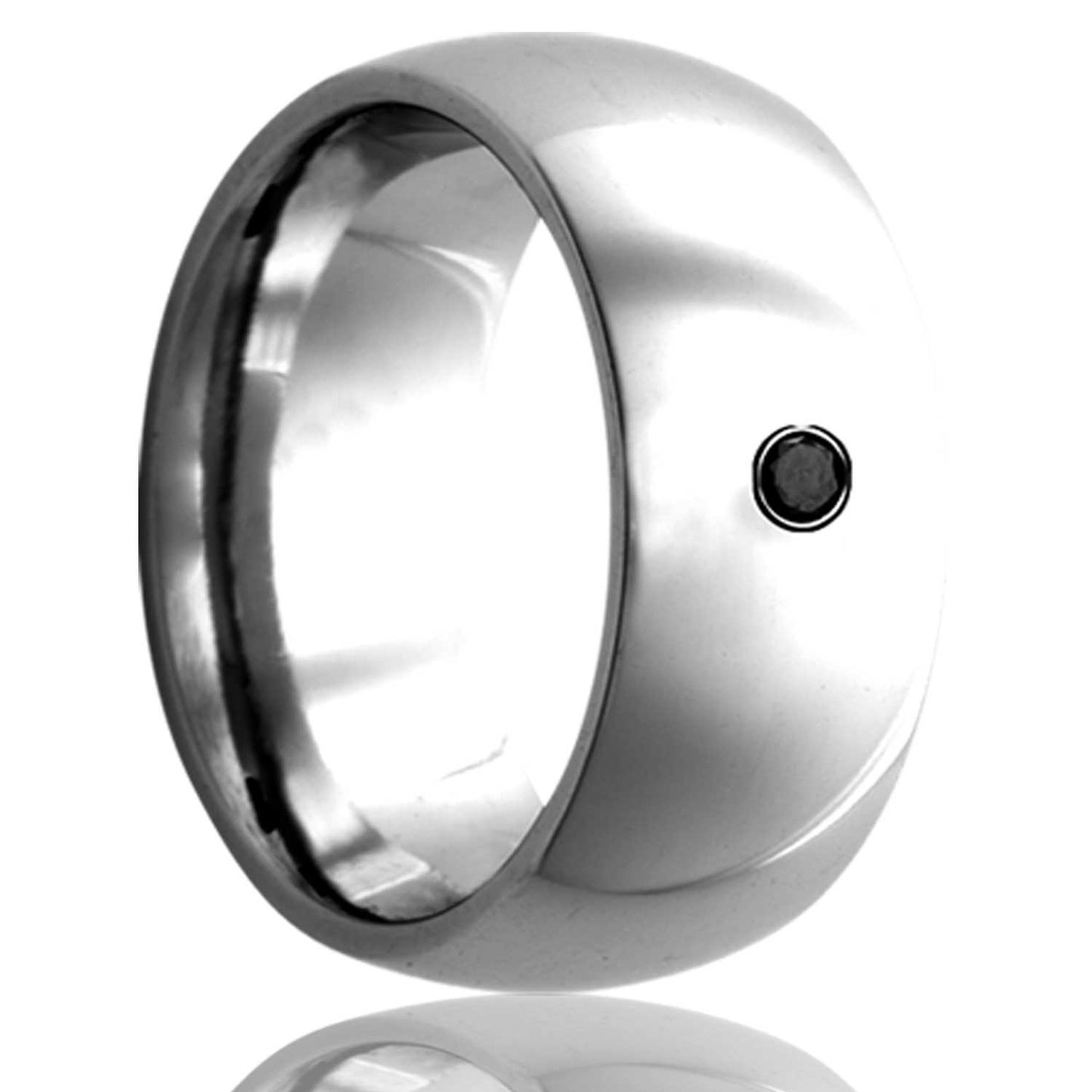 A domed cobalt wedding band with black diamond displayed on a neutral white background.