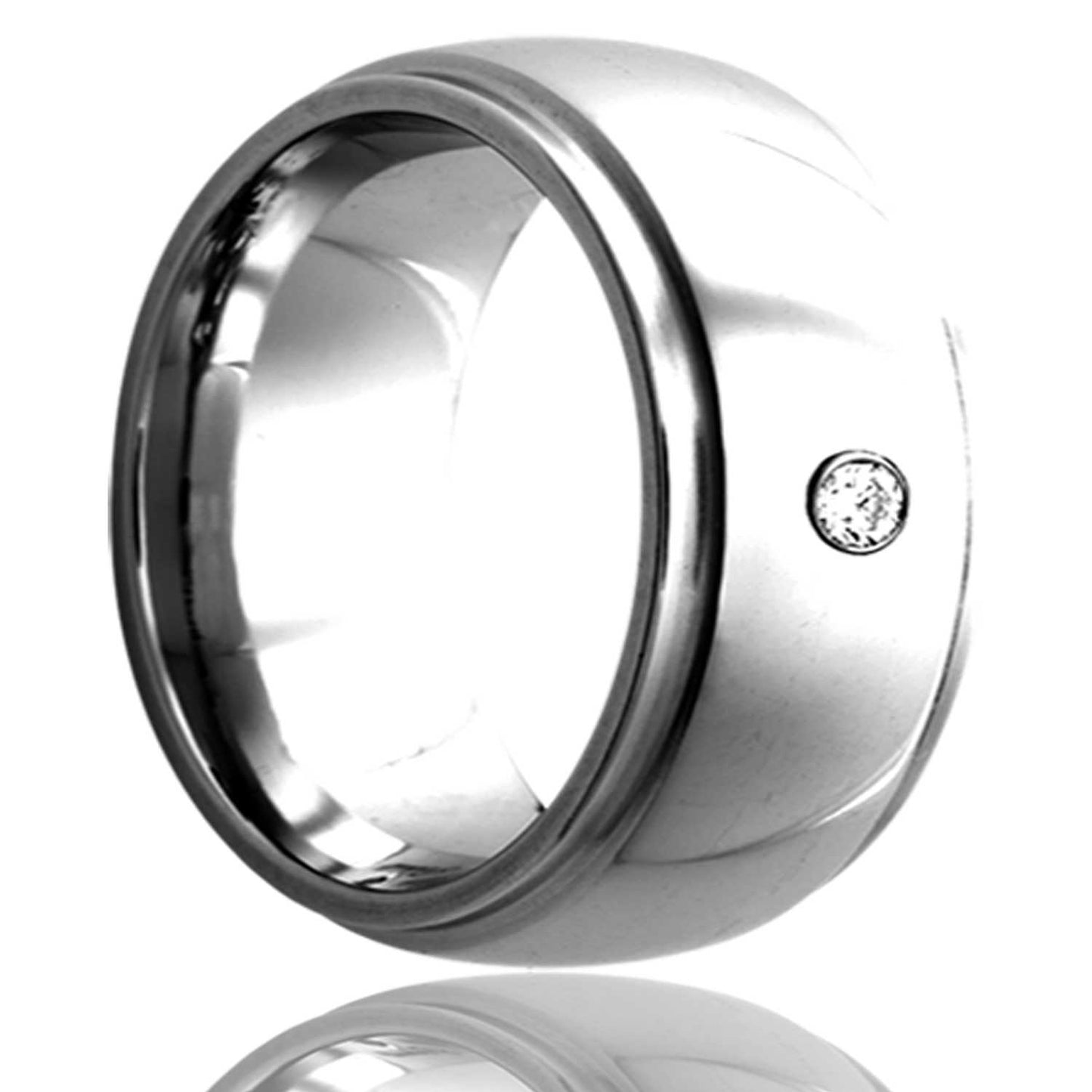 A domed cobalt wedding band with stepped edges & diamond displayed on a neutral white background.