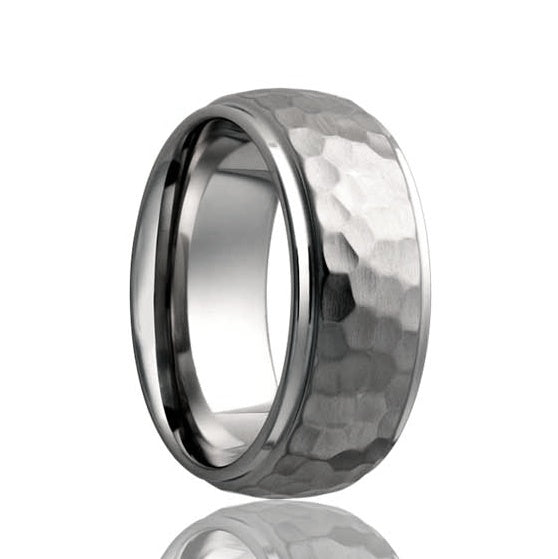 Domed Hammered Titanium Wedding Band with Stepped Edges
