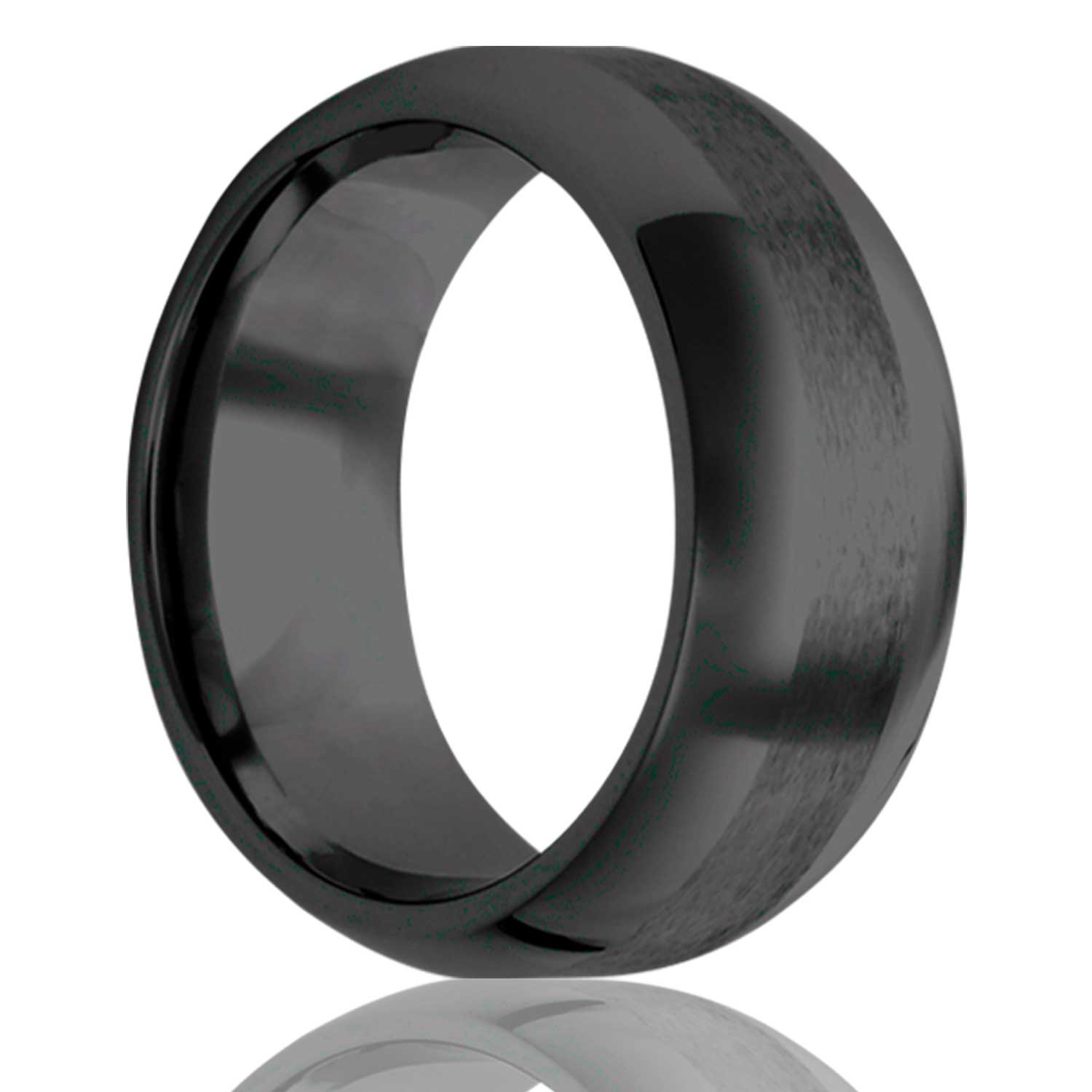 A domed satin finish black ceramic wedding band with beveled edges displayed on a neutral white background.
