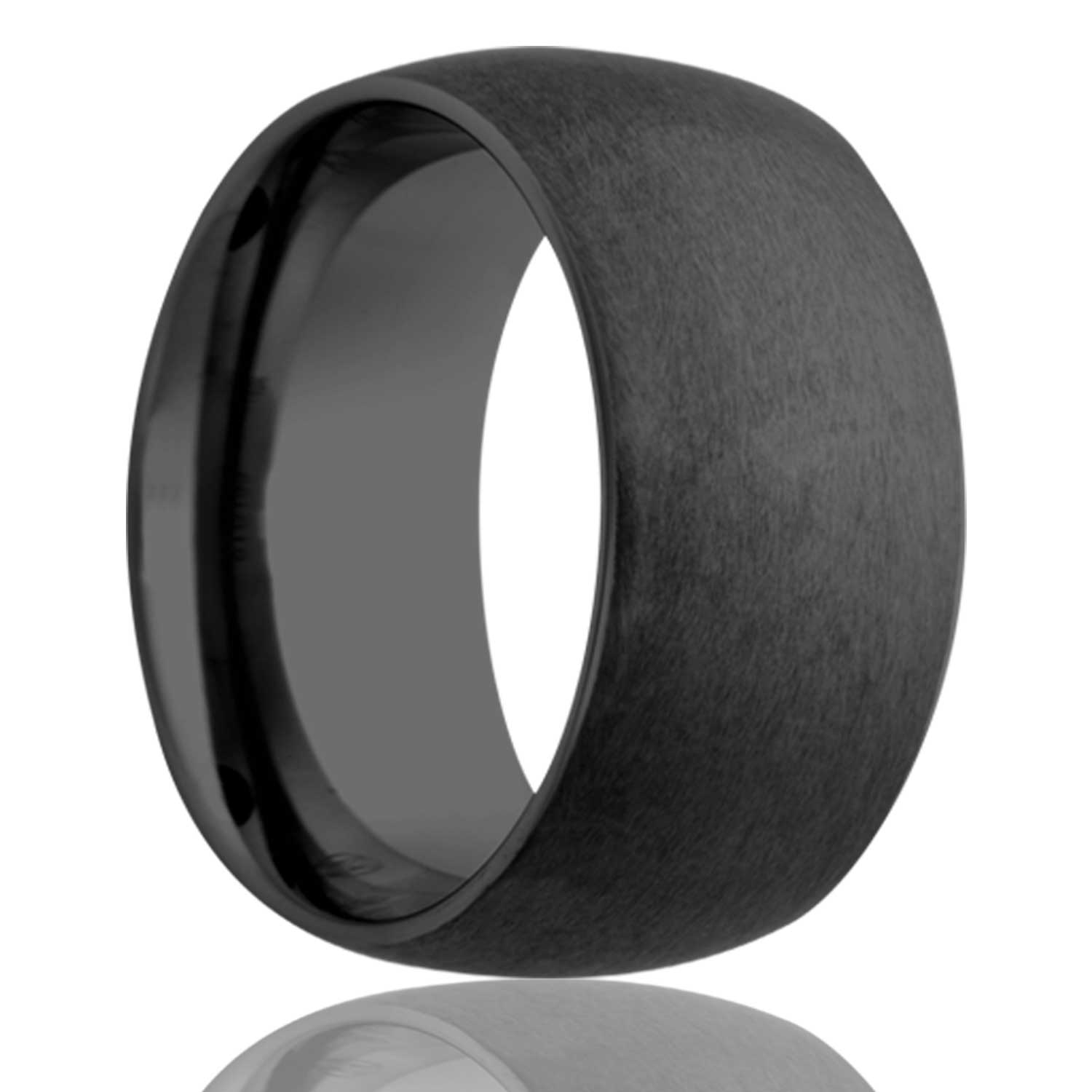 A domed satin finish black ceramic wedding band displayed on a neutral white background.