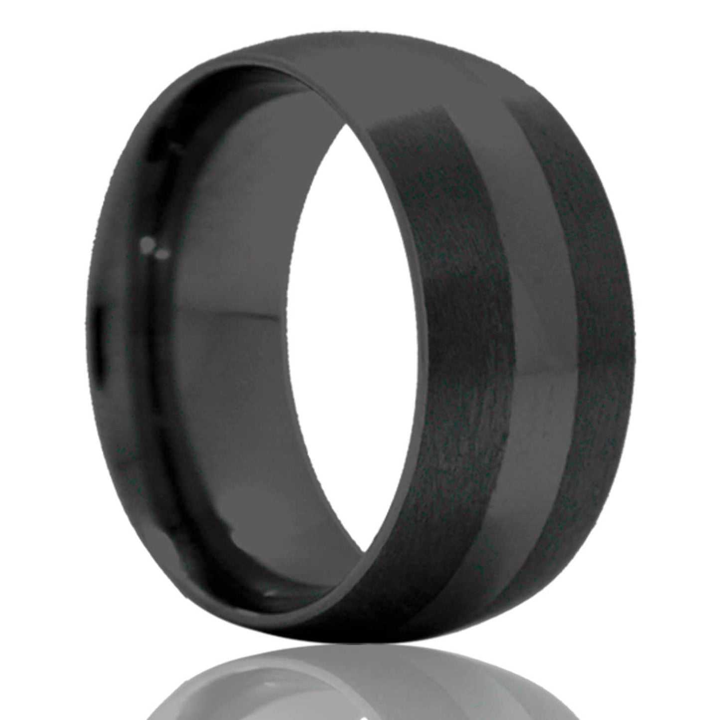 A domed black ceramic wedding band with satin finish stripe displayed on a neutral white background.