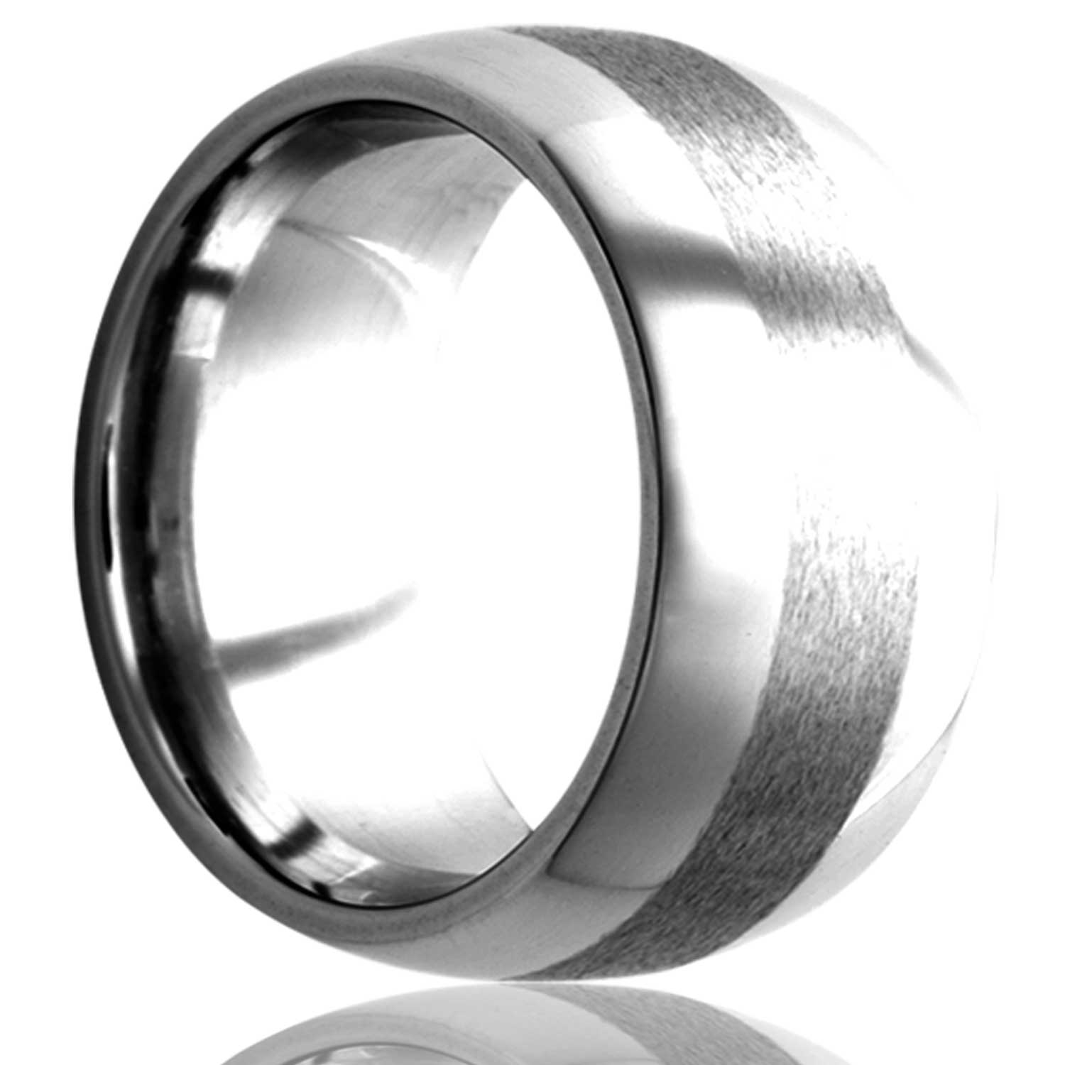 A domed tungsten wedding band with satin finish stripe displayed on a neutral white background.