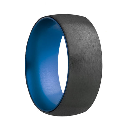 Domed Satin Zirconium Wedding Band with Blue Center