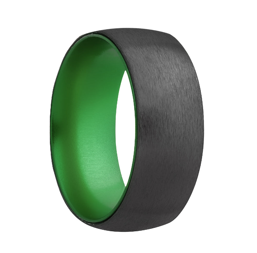 Domed Satin Zirconium Wedding Band with Green Center