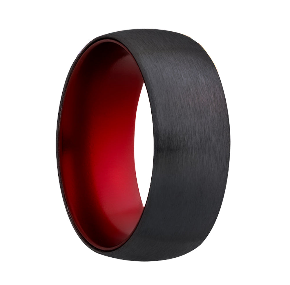 Domed Satin Zirconium Wedding Band with Red Center