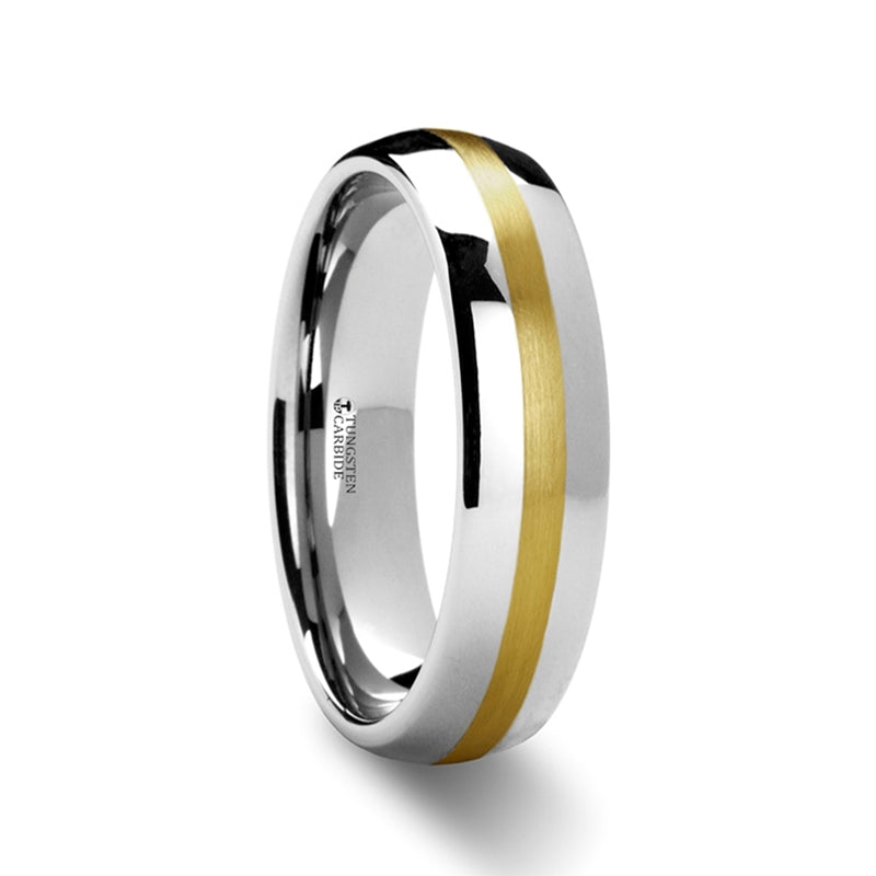 Domed Tungsten Couple's Matching Wedding Band Set with Gold Inlay