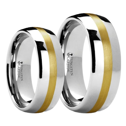 Domed Tungsten Couple's Matching Wedding Band Set with Gold Inlay