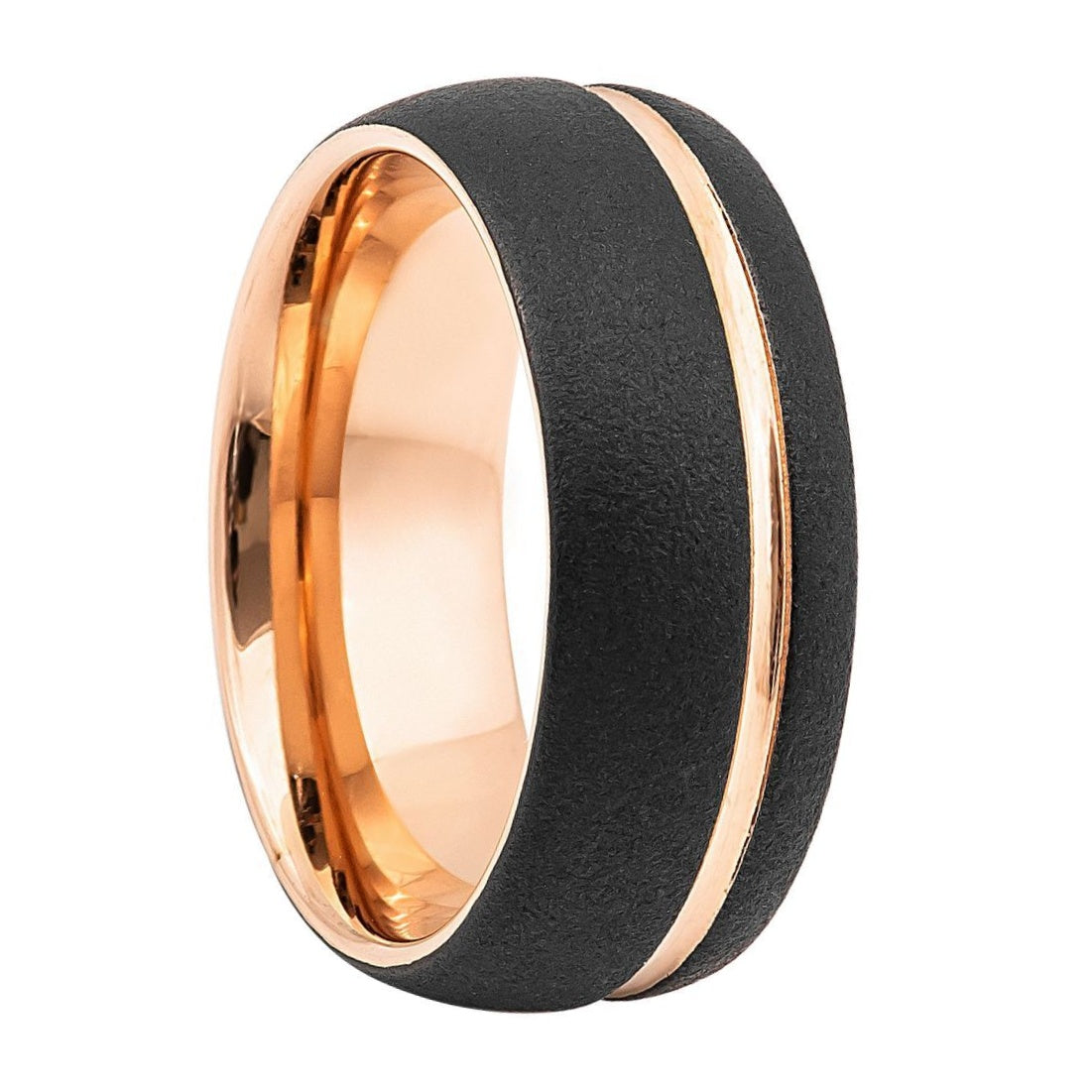 Domed Tungsten Men's Wedding Band with Offset Rose Gold Groove and Contrasting Interior