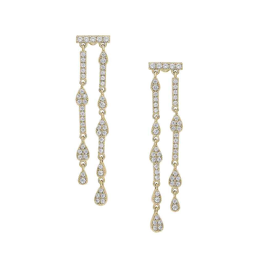 A double drop earrings with simulated diamonds displayed on a neutral white background.