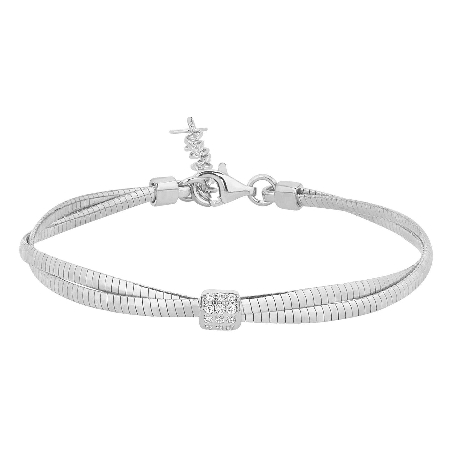 A double omega bracelet with simulated diamonds square accent displayed on a neutral white background.