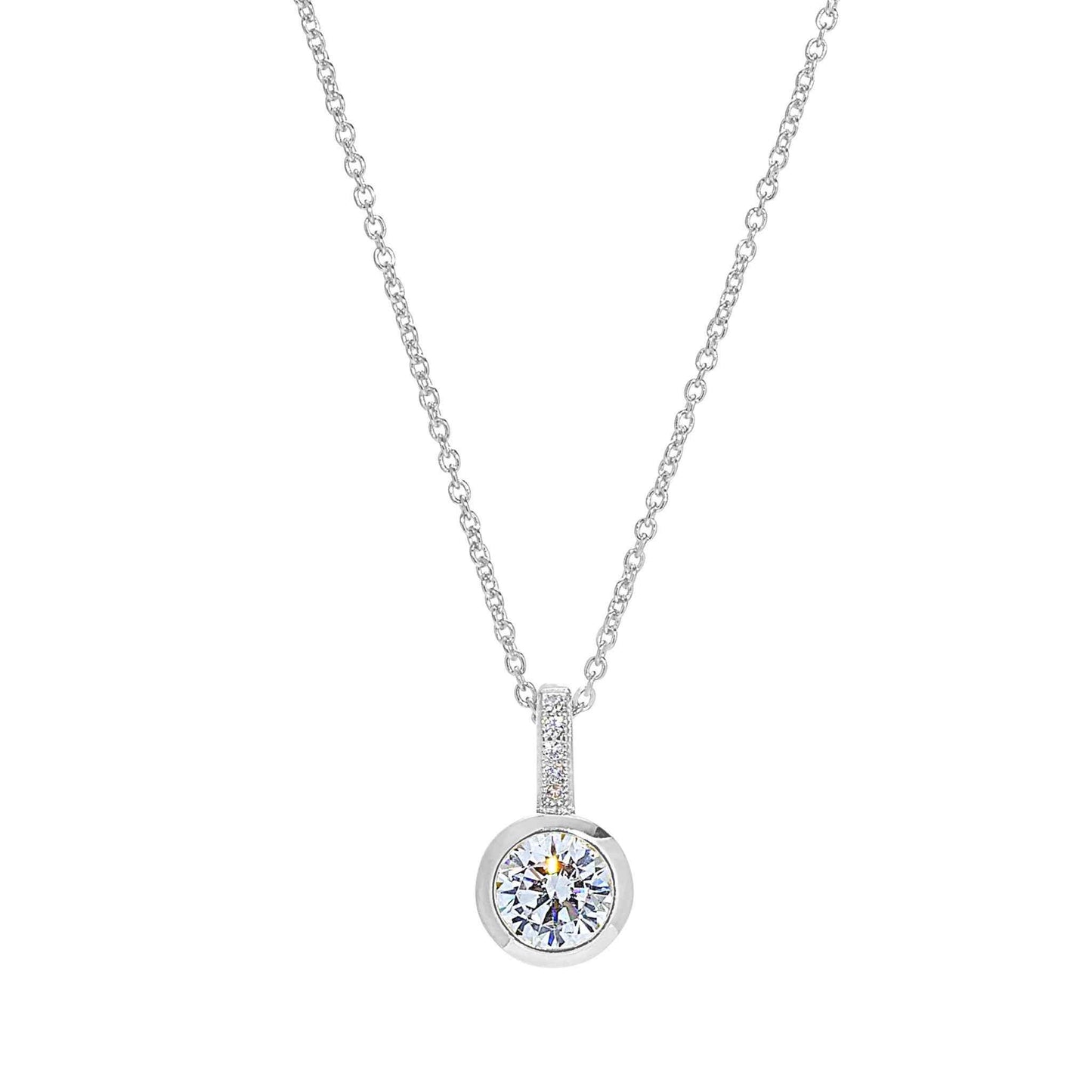 A drop bezel necklace with simulated diamonds displayed on a neutral white background.