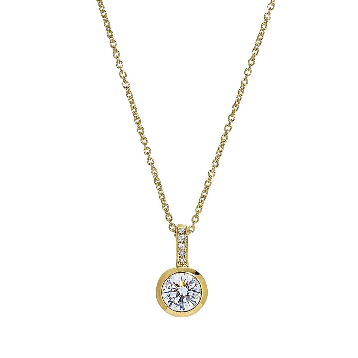 A drop bezel necklace with simulated diamonds displayed on a neutral white background.