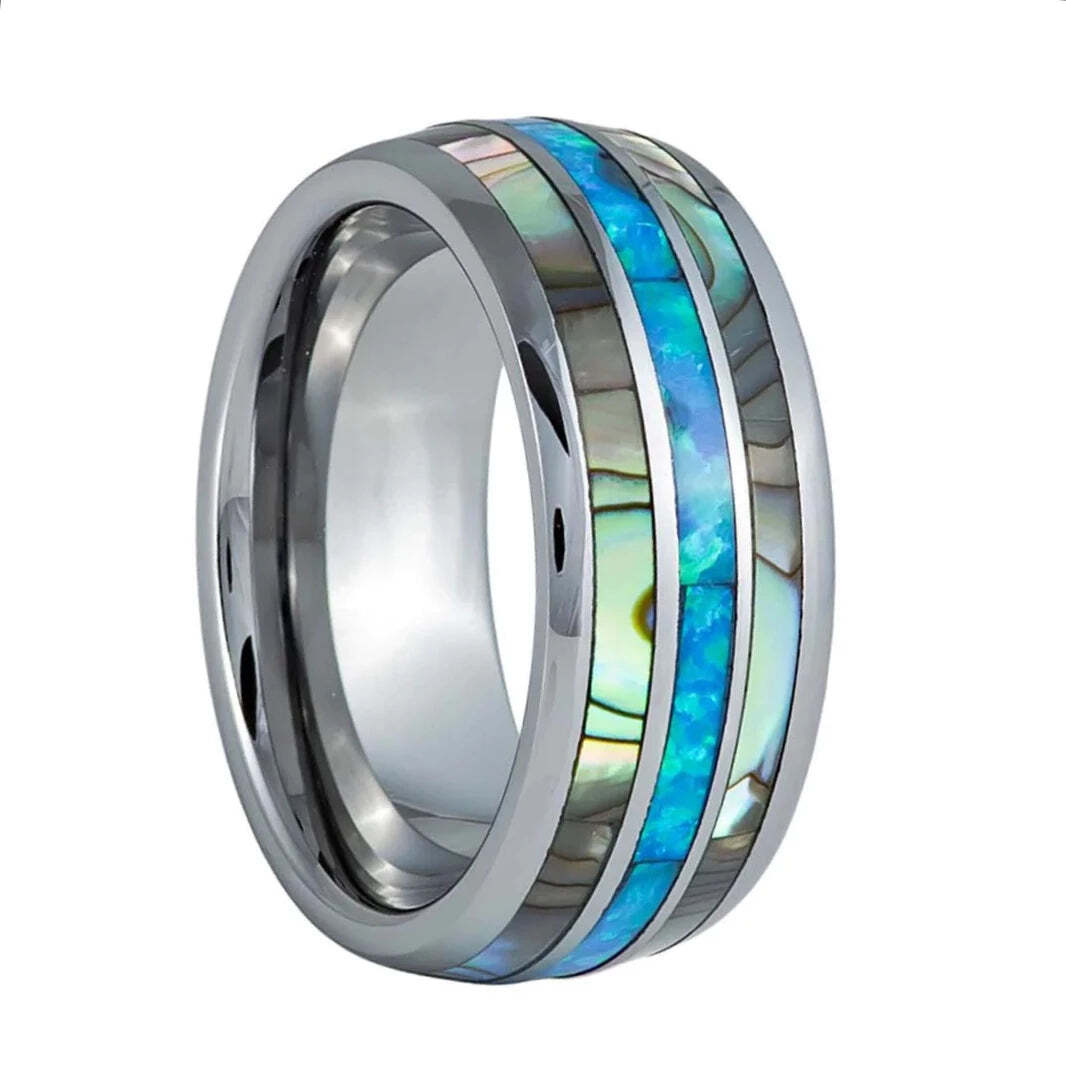 Abalone & Blue Opal Inlay Tungsten Men's Wedding Band