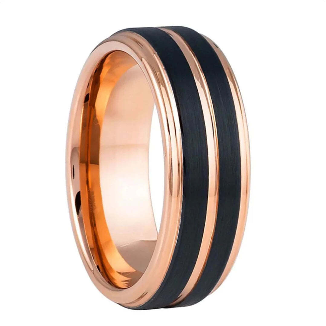 Dual Black Grooved Inlay Rose Gold Tungsten Men's Wedding Band