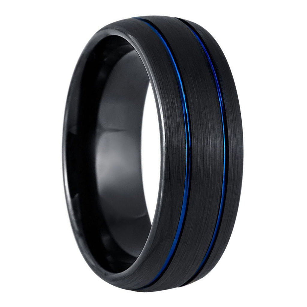Dual Blue Grooved Inlay Brushed Domed Black Tungsten Men's Wedding Band