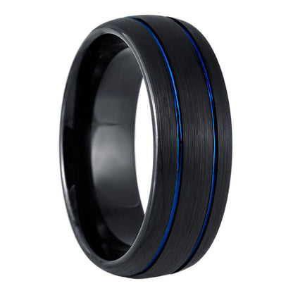 Dual Blue Grooved Inlay Brushed Domed Black Tungsten Men's Wedding Band