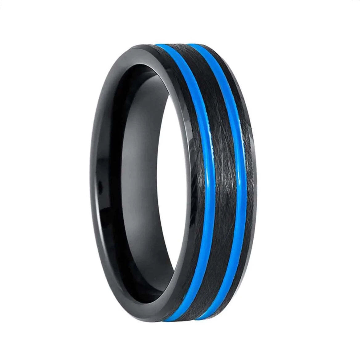 Dual Blue Grooved Inlay Brushed Black Tungsten Women's Wedding Band