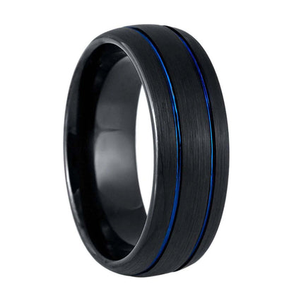 Dual Blue Grooved Inlay Brushed Domed Black Tungsten Men's Wedding Band